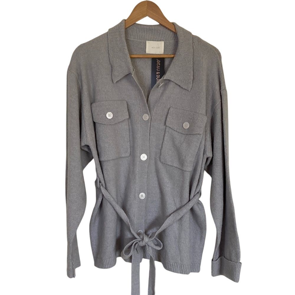All:Row Cardigan Jacket Womens‎ Large Grey Button Up Waist Tie Pockets